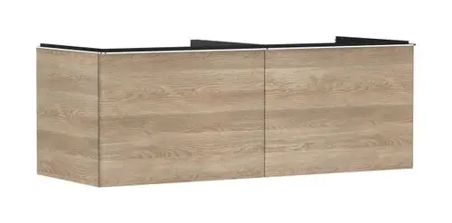 Waschtischunterschrank in Holzoptik von Hansgrohe mit zwei Schubladen. Er bietet Stauraum und ist für Aufsatzwaschtische geeignet.
